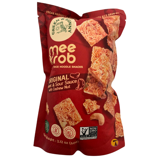 Green & Sunny Mee Krob Rice Noodle Snack - Sweet & Sour with Cashew Nut - 12x60g
